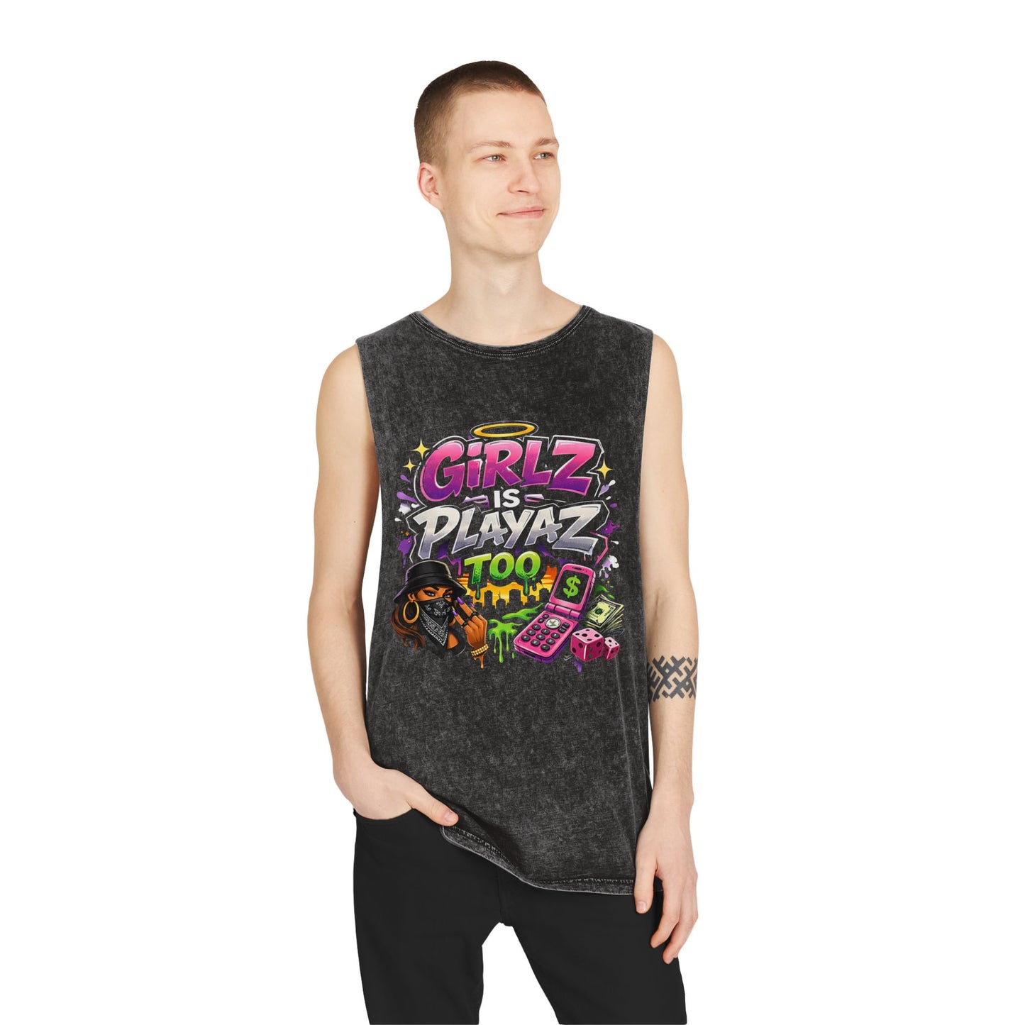 GSA BY JR " Girlz Is Playaz Too " Stonewash Tank Top