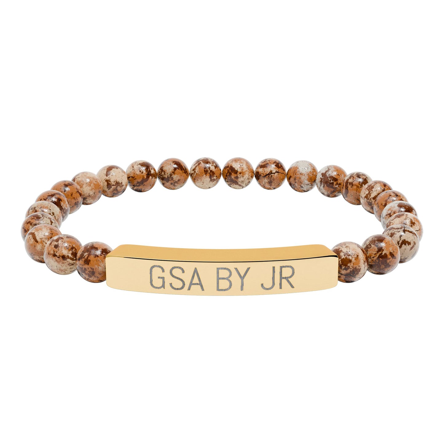 Engravable Natural Stone Bead Bracelet with Metal Bar — Personalized Stretch Bracelet