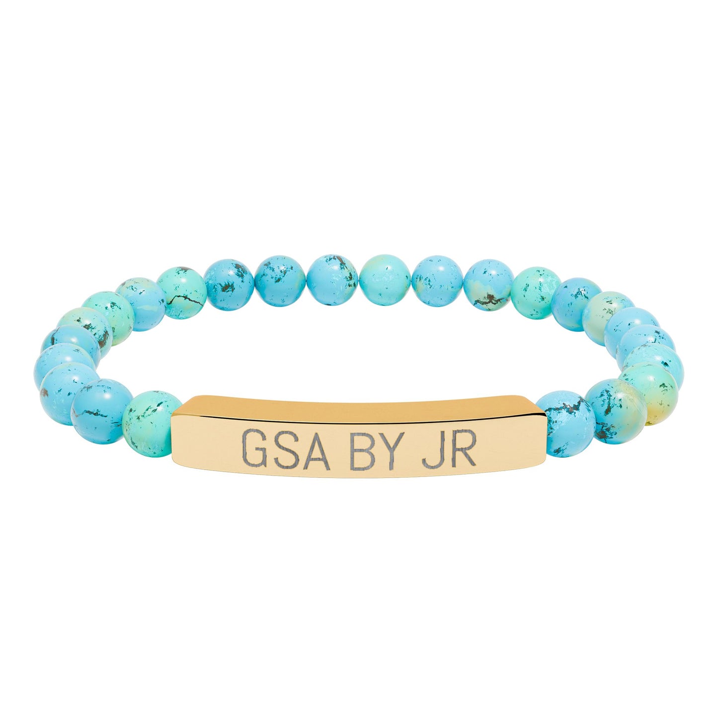 Engravable Natural Stone Bead Bracelet with Metal Bar — Personalized Stretch Bracelet