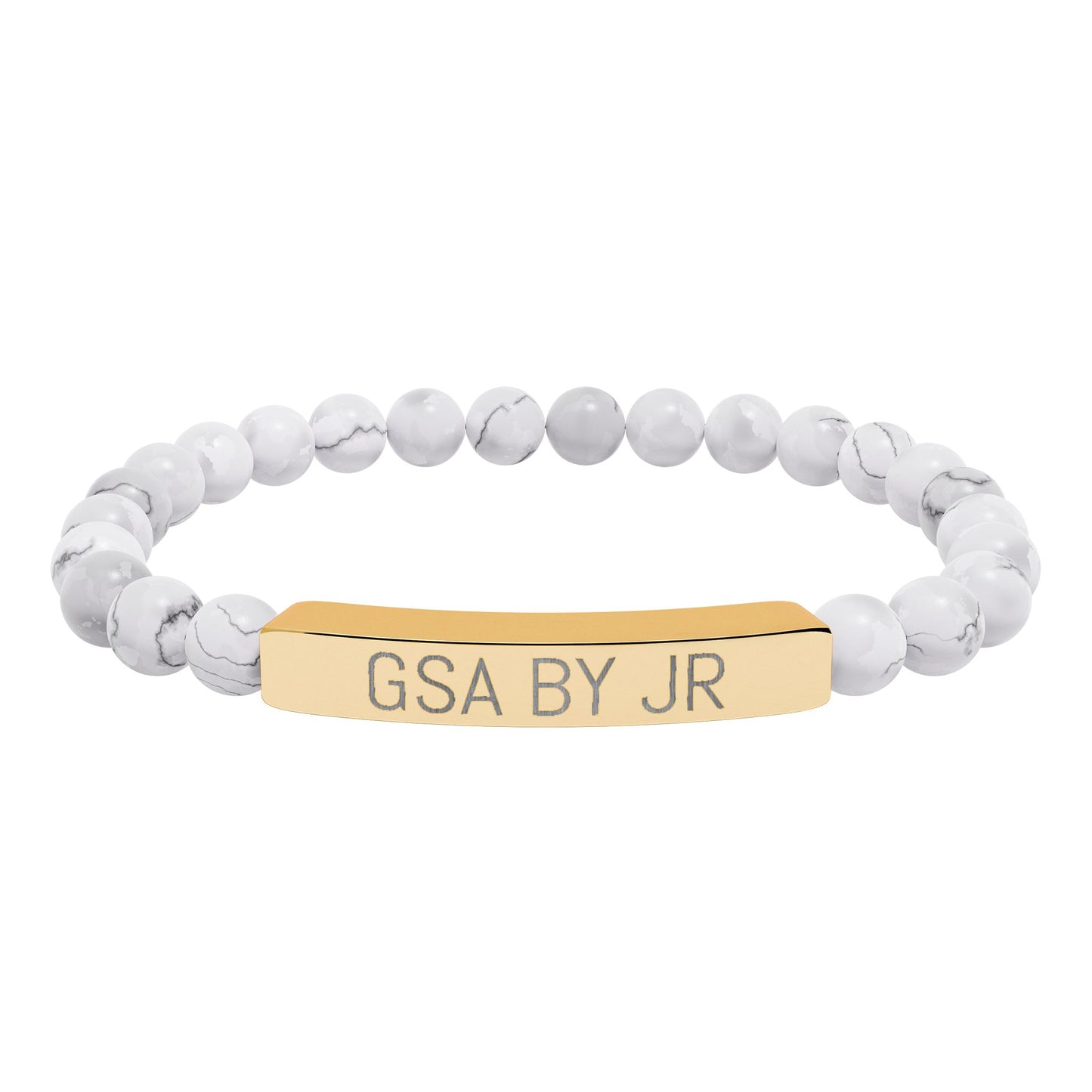 Engravable Natural Stone Bead Bracelet with Metal Bar — Personalized Stretch Bracelet