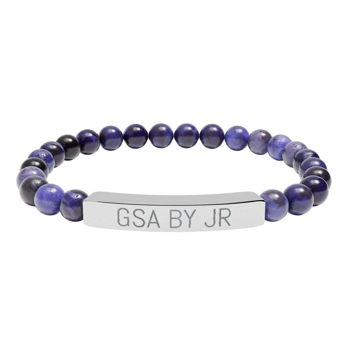 Engravable Natural Stone Bead Bracelet with Metal Bar — Personalized Stretch Bracelet