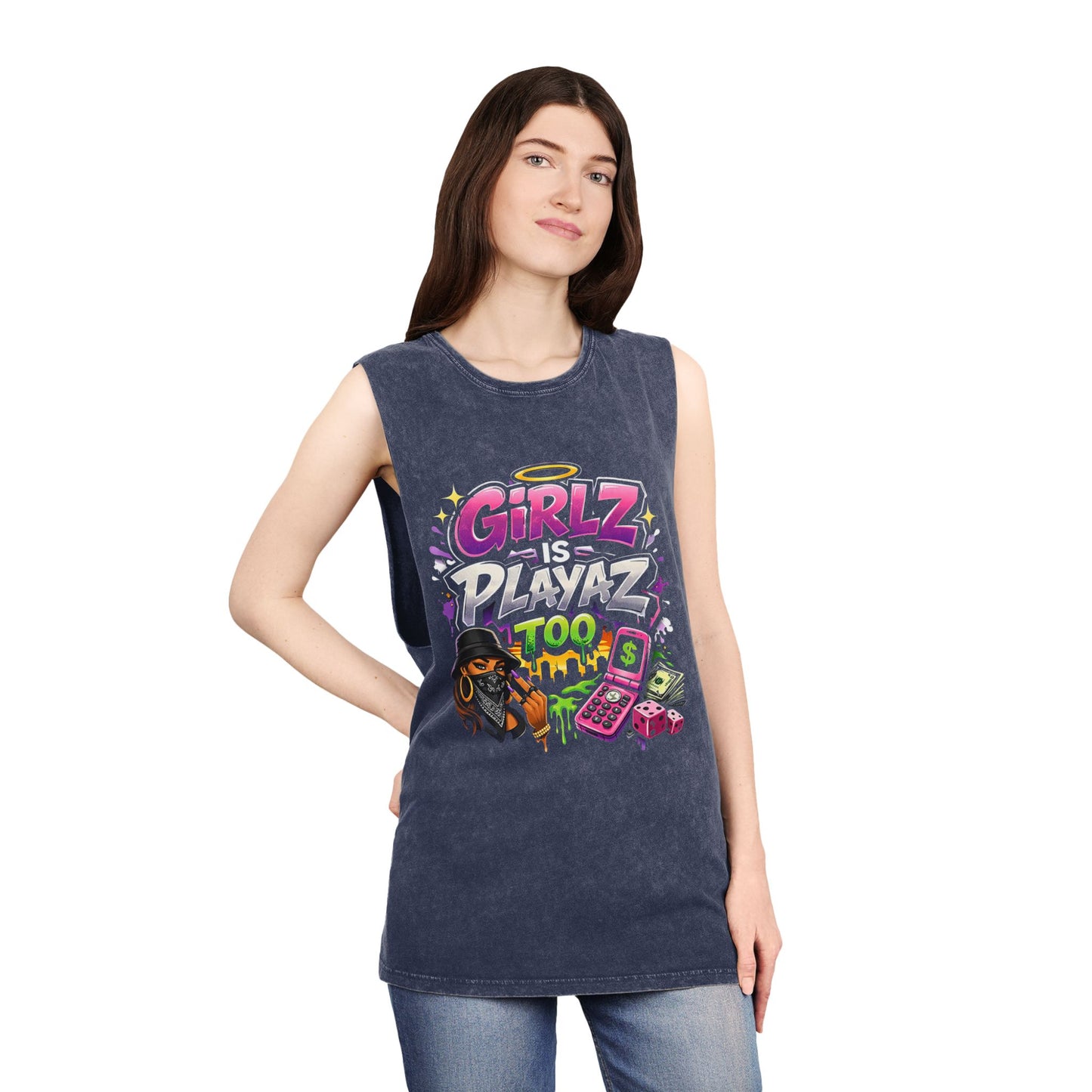 GSA BY JR " Girlz Is Playaz Too " Stonewash Tank Top