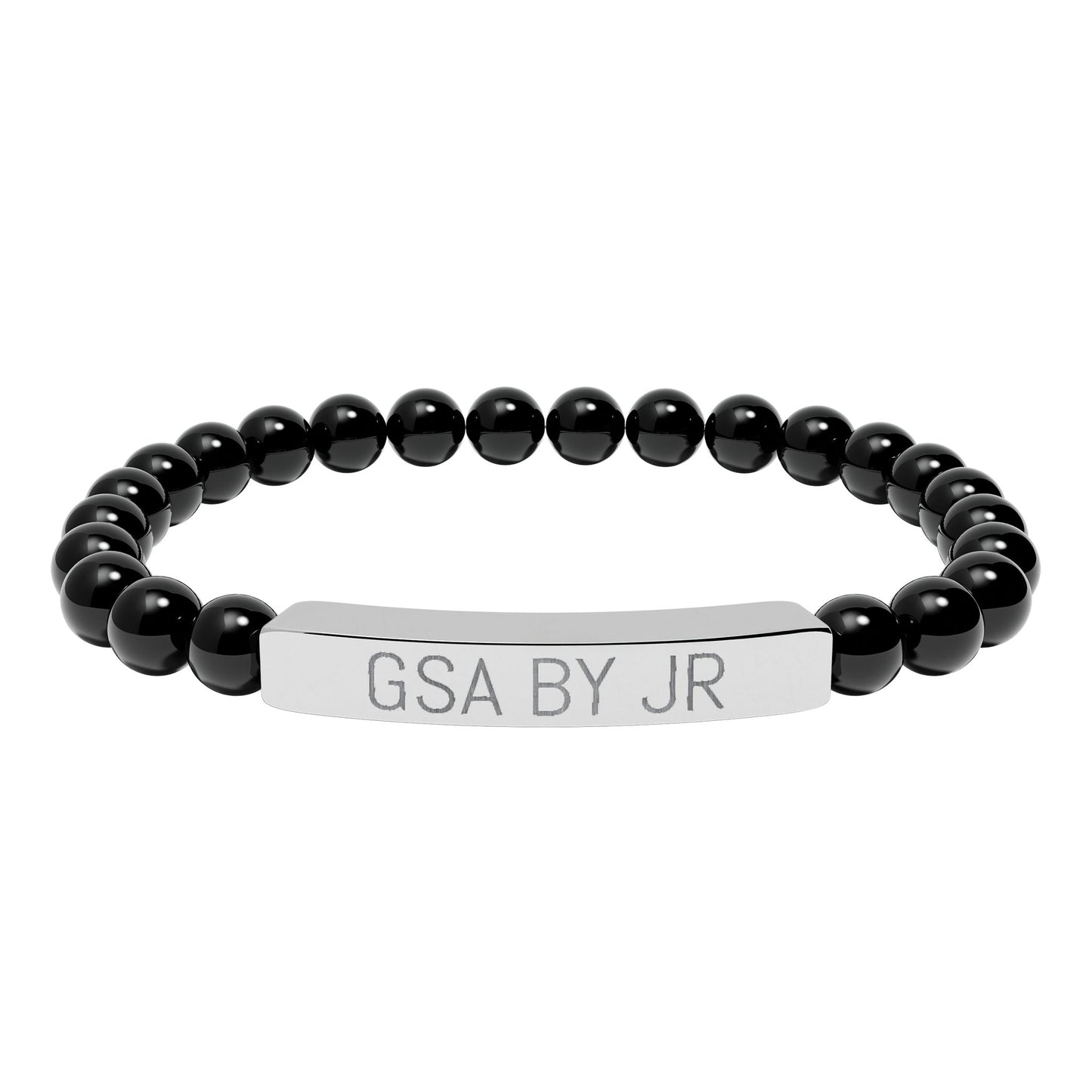 Engravable Natural Stone Bead Bracelet with Metal Bar — Personalized Stretch Bracelet