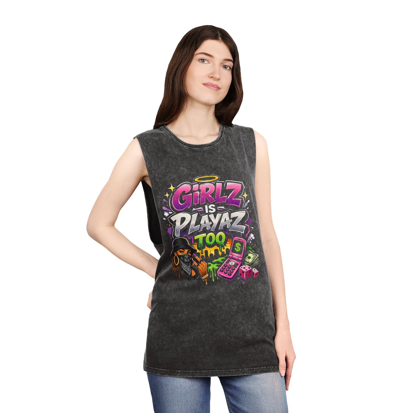GSA BY JR " Girlz Is Playaz Too " Stonewash Tank Top