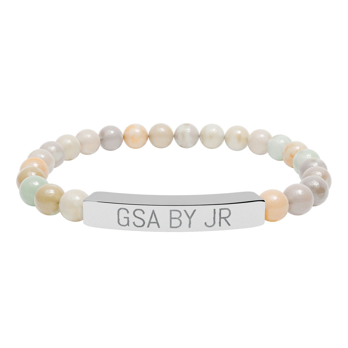 Engravable Natural Stone Bead Bracelet with Metal Bar — Personalized Stretch Bracelet