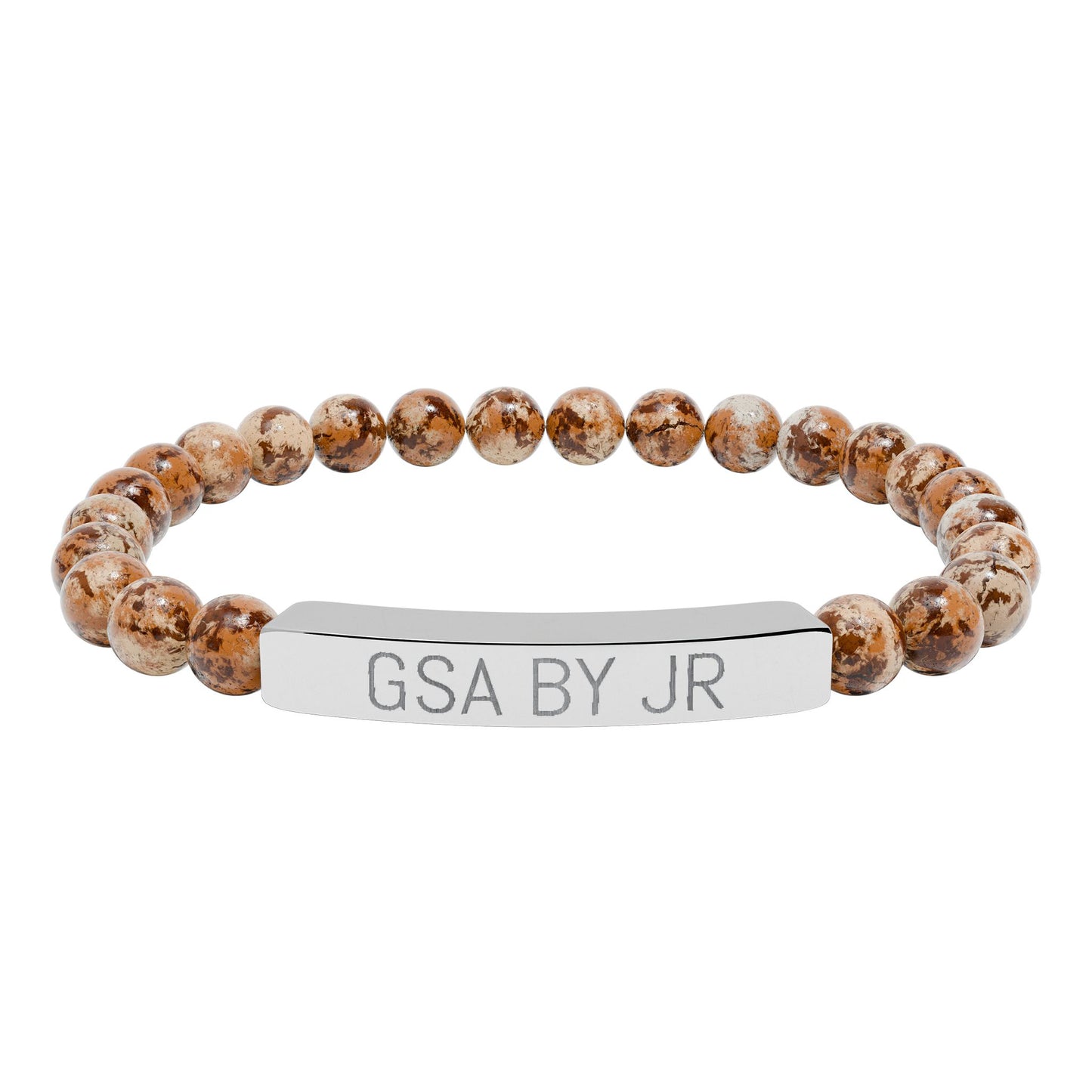 Engravable Natural Stone Bead Bracelet with Metal Bar — Personalized Stretch Bracelet