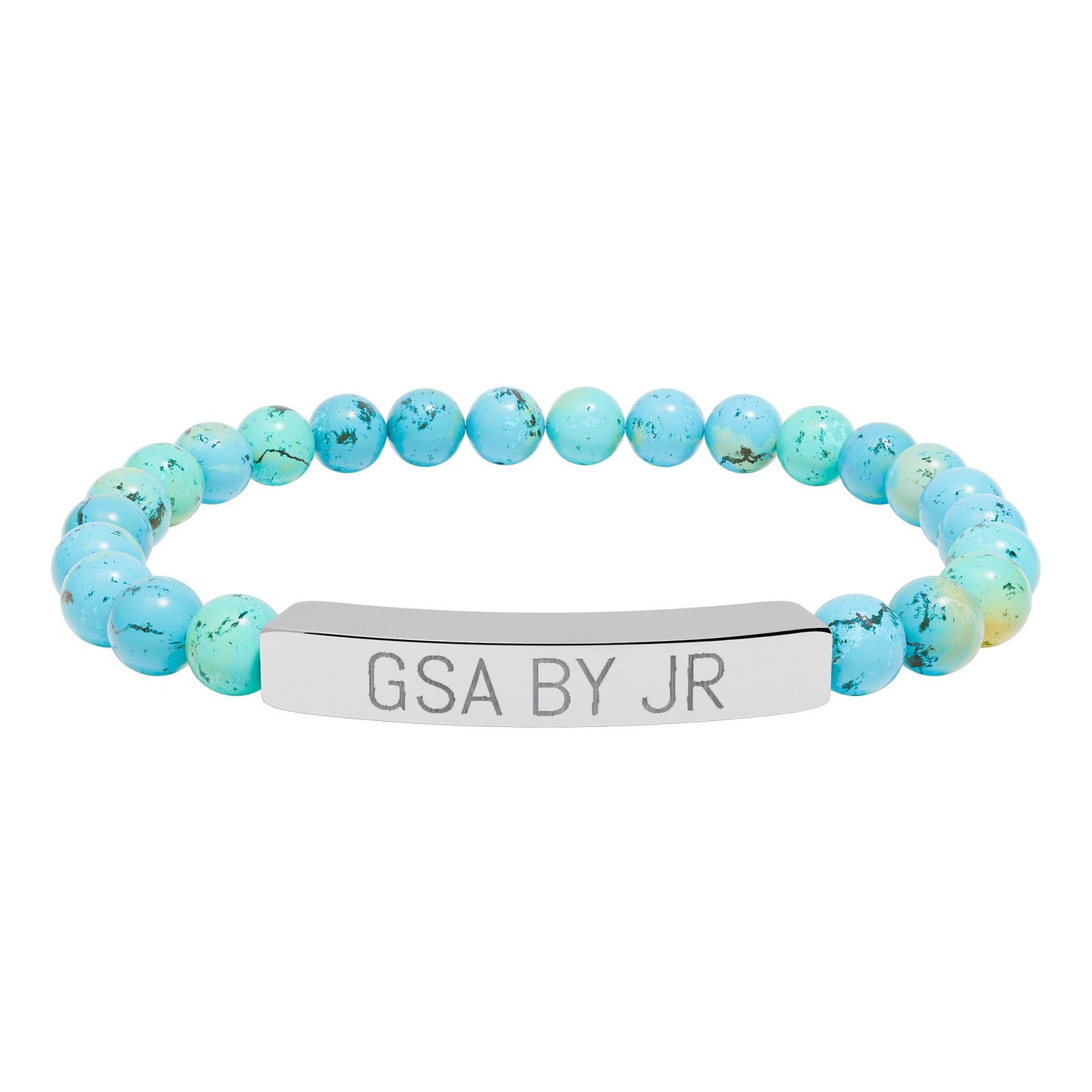 Engravable Natural Stone Bead Bracelet with Metal Bar — Personalized Stretch Bracelet
