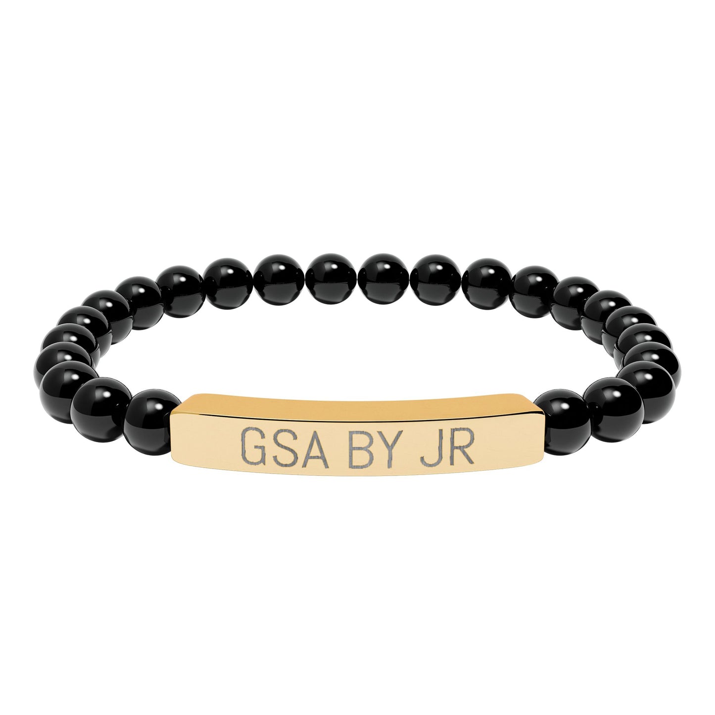 Engravable Natural Stone Bead Bracelet with Metal Bar — Personalized Stretch Bracelet