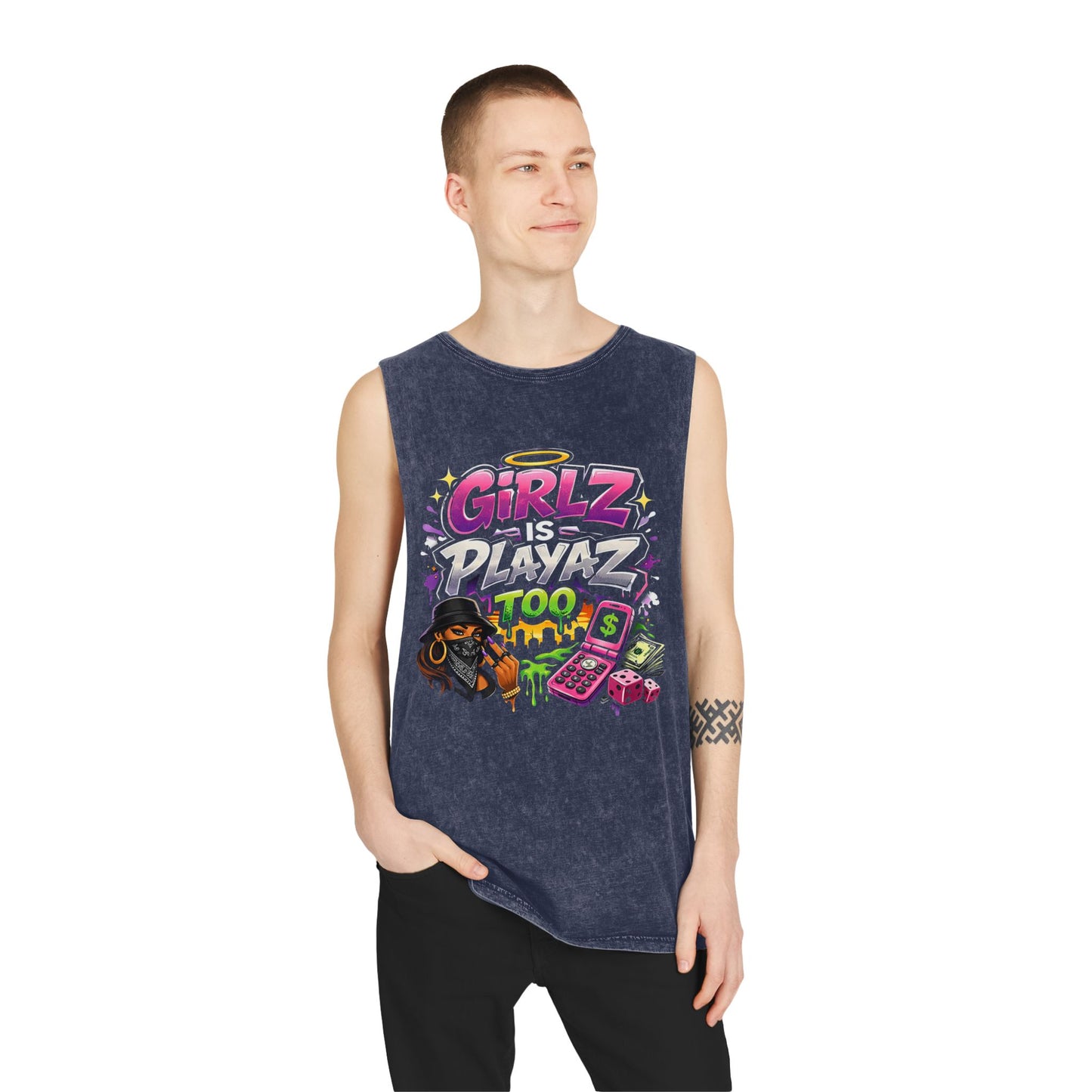 GSA BY JR " Girlz Is Playaz Too " Stonewash Tank Top