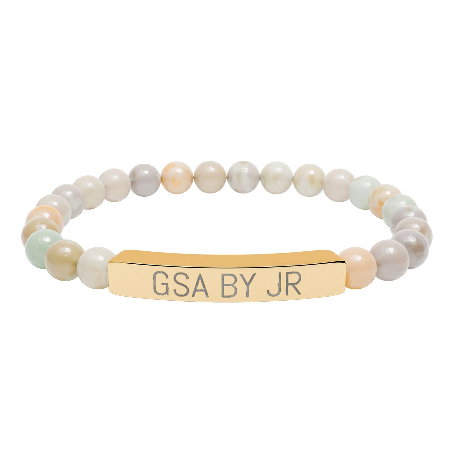 Engravable Natural Stone Bead Bracelet with Metal Bar — Personalized Stretch Bracelet