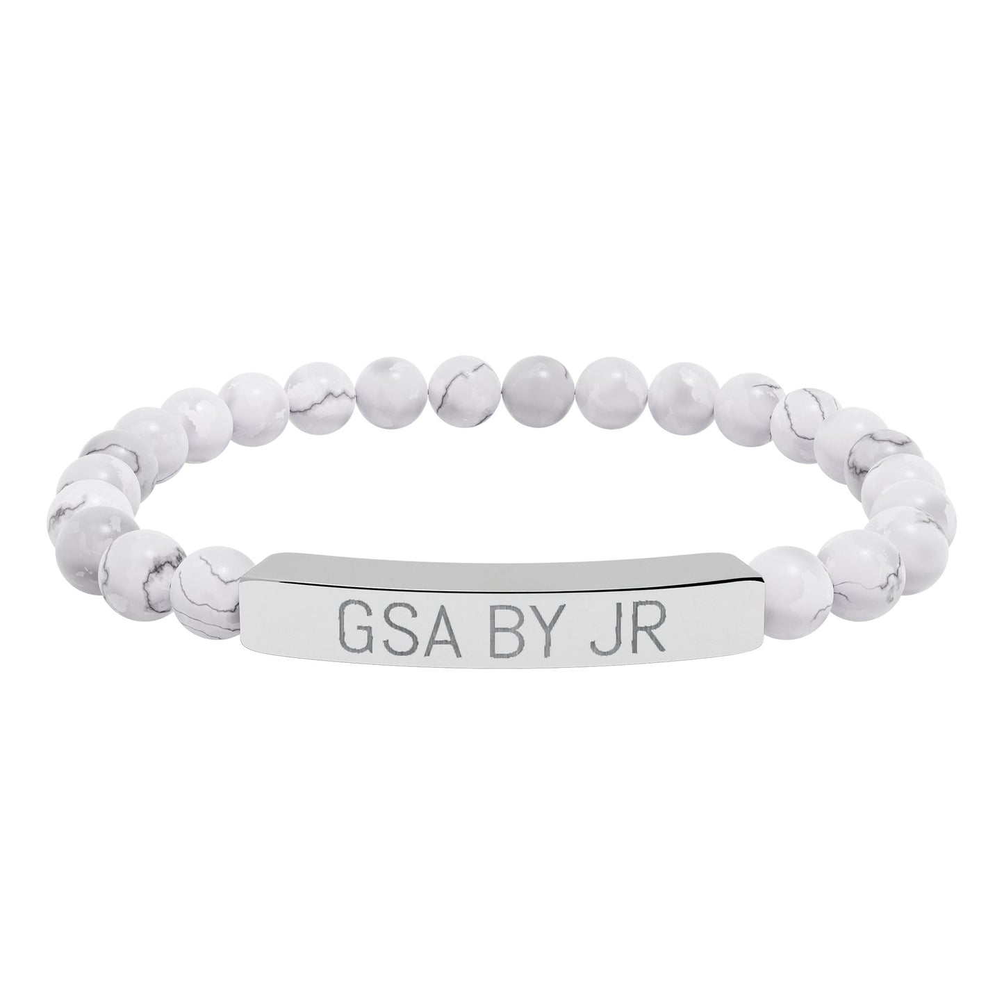 Engravable Natural Stone Bead Bracelet with Metal Bar — Personalized Stretch Bracelet